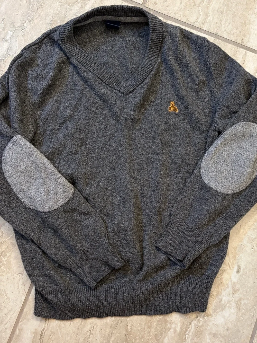 GAP Charcoal V-Neck Sweater with Light Gray Elbow Patches